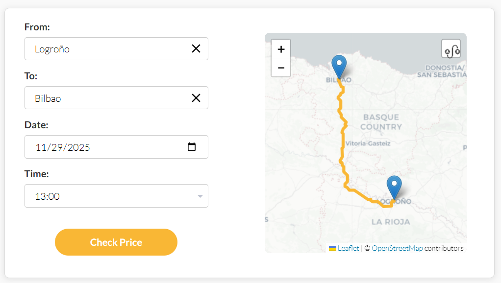 Interfaz del sistema de reserva de taxis mostrando formulario de selección de ruta y mapa interactivo con funcionalidad de reserva